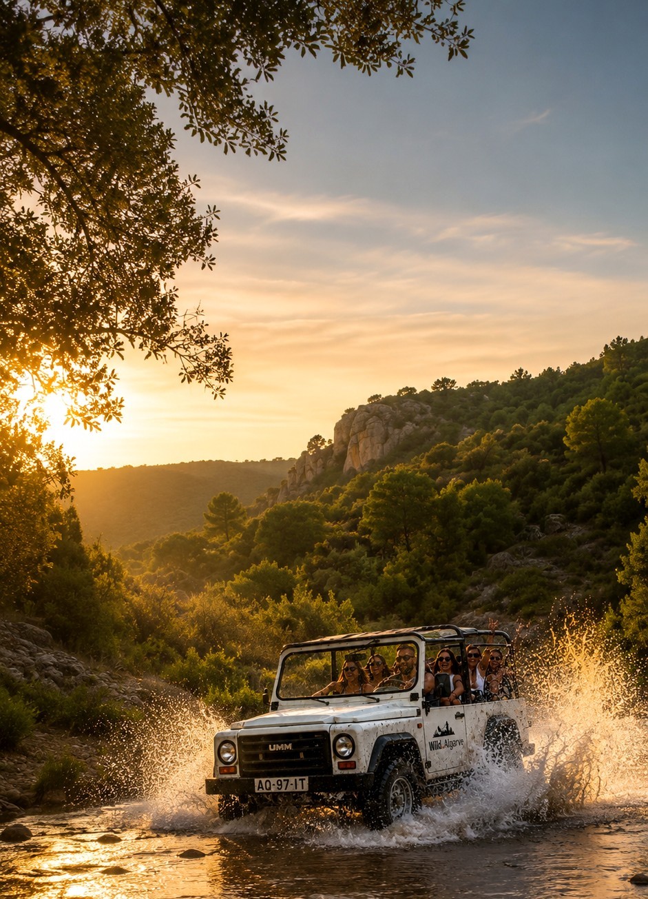 UMM jeep driving through the wild Algarve at golden hour
